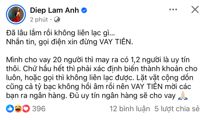 Căng: Diệp Lâm Anh đăng đàn tố 1 nhân vật quỵt nợ, con số cho nhiều người vay lên đến cả tỷ đồng - Ảnh 1.