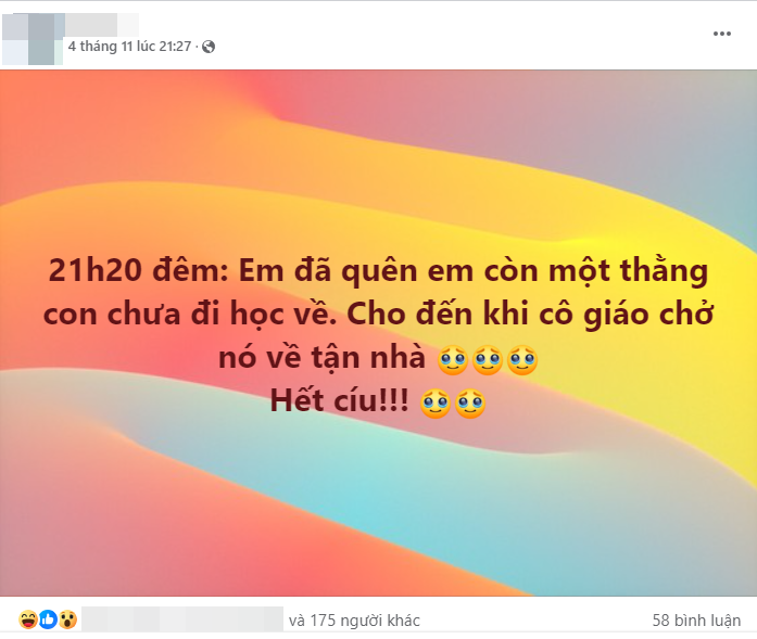 Đỉnh cao "não cá vàng": 21h20 đêm mẹ bỉm phát hiện quên con trai đi học chưa về, cô giáo phải chở về tận nhà - Ảnh 1.