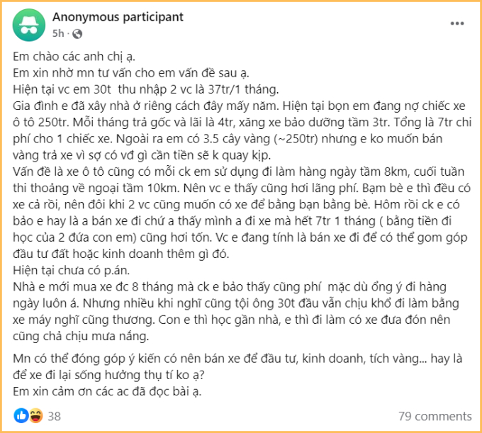 Nuôi ô tô tốn 7 triệu/tháng thấy cũng mệt, nhưng vẫn chần chừ không bán vì “thương chồng 30 tuổi phải lái xe máy 8km đi làm”- Ảnh 1.